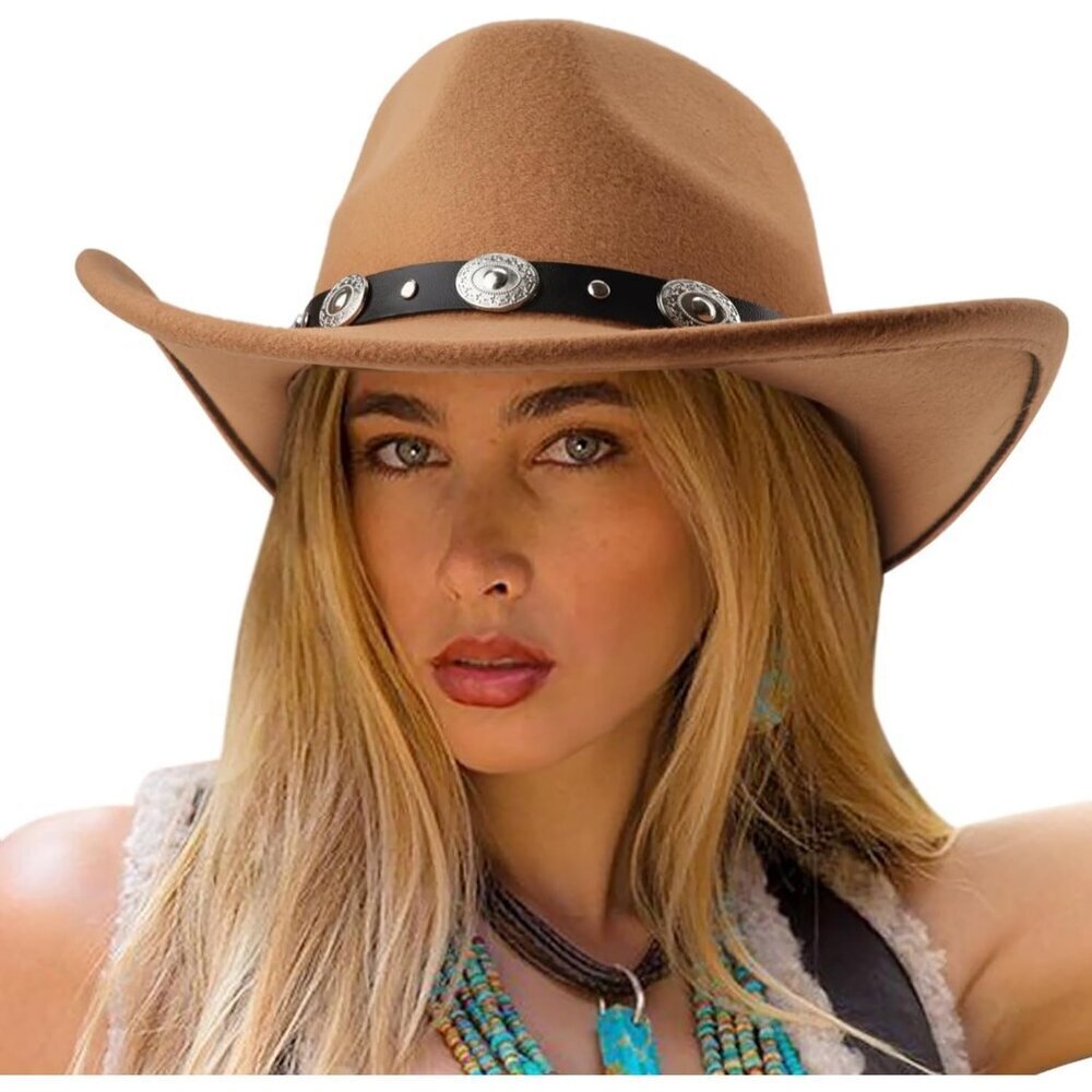 Women's Ceramal Western Rhinestone Band Buckle Classic Fedora Cowboy Felt Hat